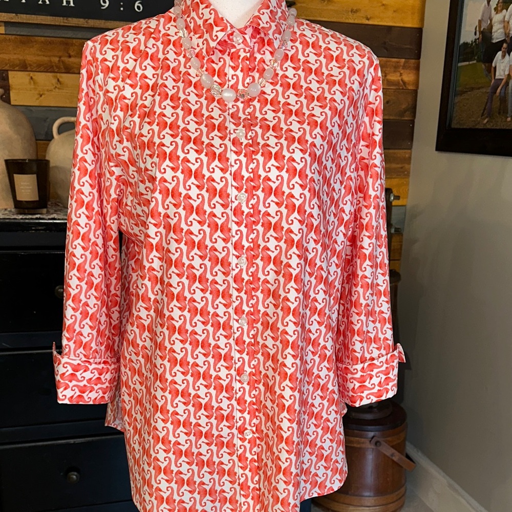 Chico's Coral and White Button-Down Shirt
